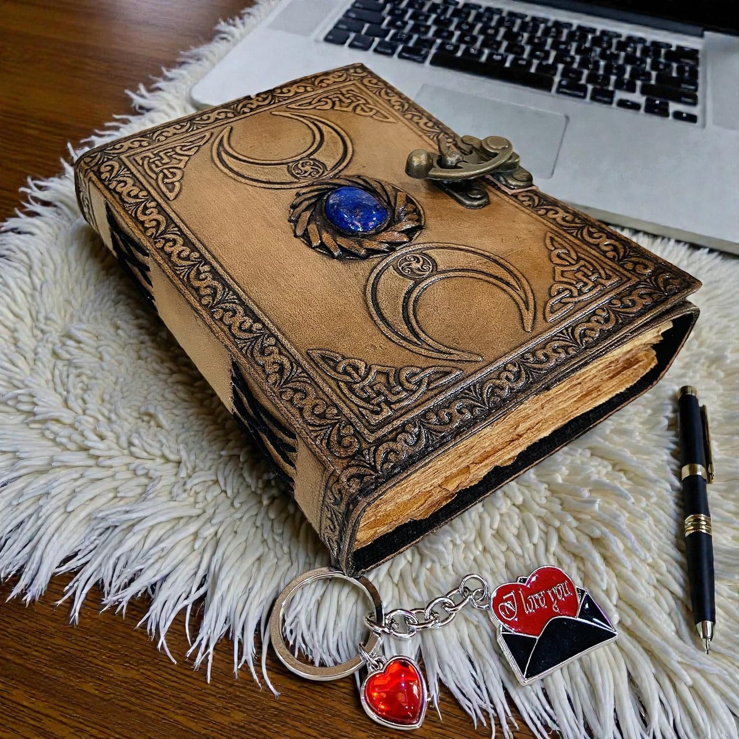 Old Leather Journal, junk notebook Lock Closure, Book of Shadows blank spells, Grimoire, Witch, Vintage 200 pages Antique Deckle Edge Paper Sketchbook and Travel Notebook Stone Moon journal 7x5