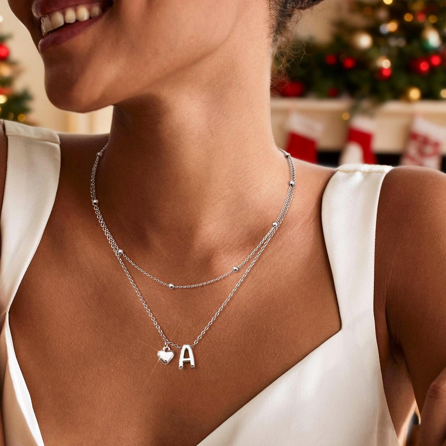 adoyi Silver Heart Initial Necklaces for Women 14k Gold Plated Layered bubble Letter Necklace Dainty Heart Y Pendant Necklace Stack Birthday Valentines Gifts for Women Jewelry