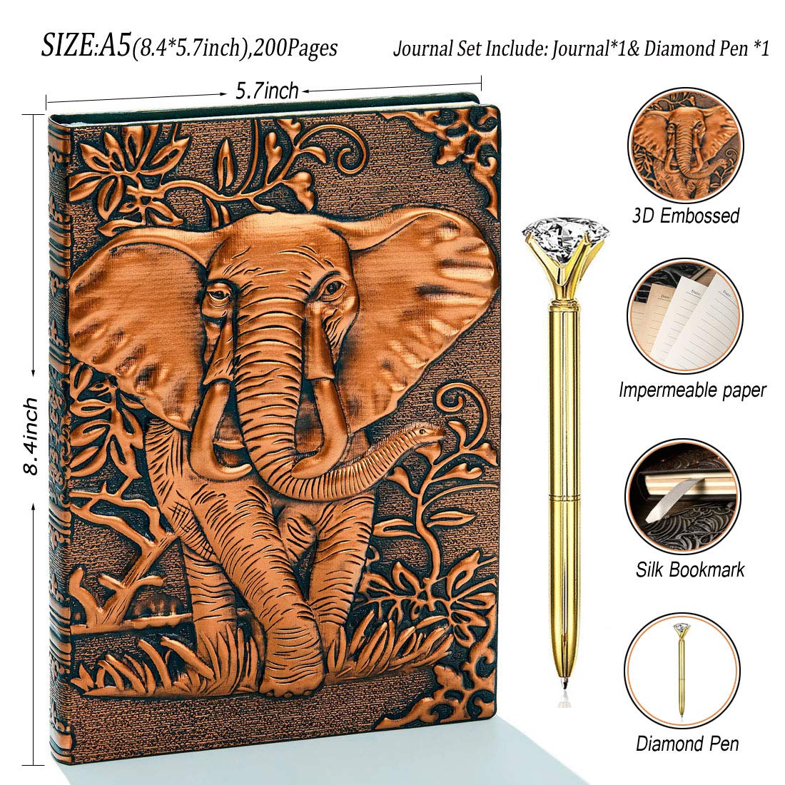 Elephant Journal,Leather Writing Journal Notebook ,A5 Lined Journal,200Pages,Personal Diary-Antique Handmade Embossed Daily Notepad Sketchbook,Travel Diary&Notebooks to Write in,Gift for Men&Women
