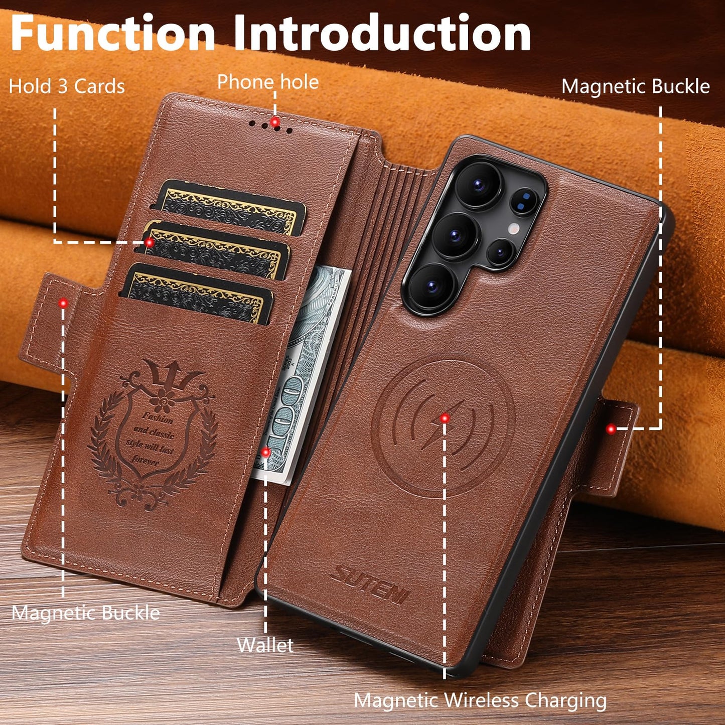 SINIANL for Samsung Galaxy S25 Ultra Leather Wallet Case Compatible with MagSafe Wireless Charging, Detachable Leather Cover with Card Slots Holder, Kickstand, Magnetic for Galaxy S25 Ultra Brown