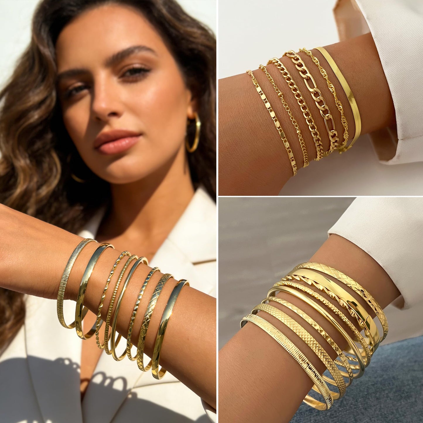 FAXHION 68 Pcs Gold Jewelry Set for Women with 7 Necklace, 17 Bracelet, 5 Hoop Earrings, 15 Stud Earrings, 24 Knuckle Rings for Women Jewelry Set for Women
