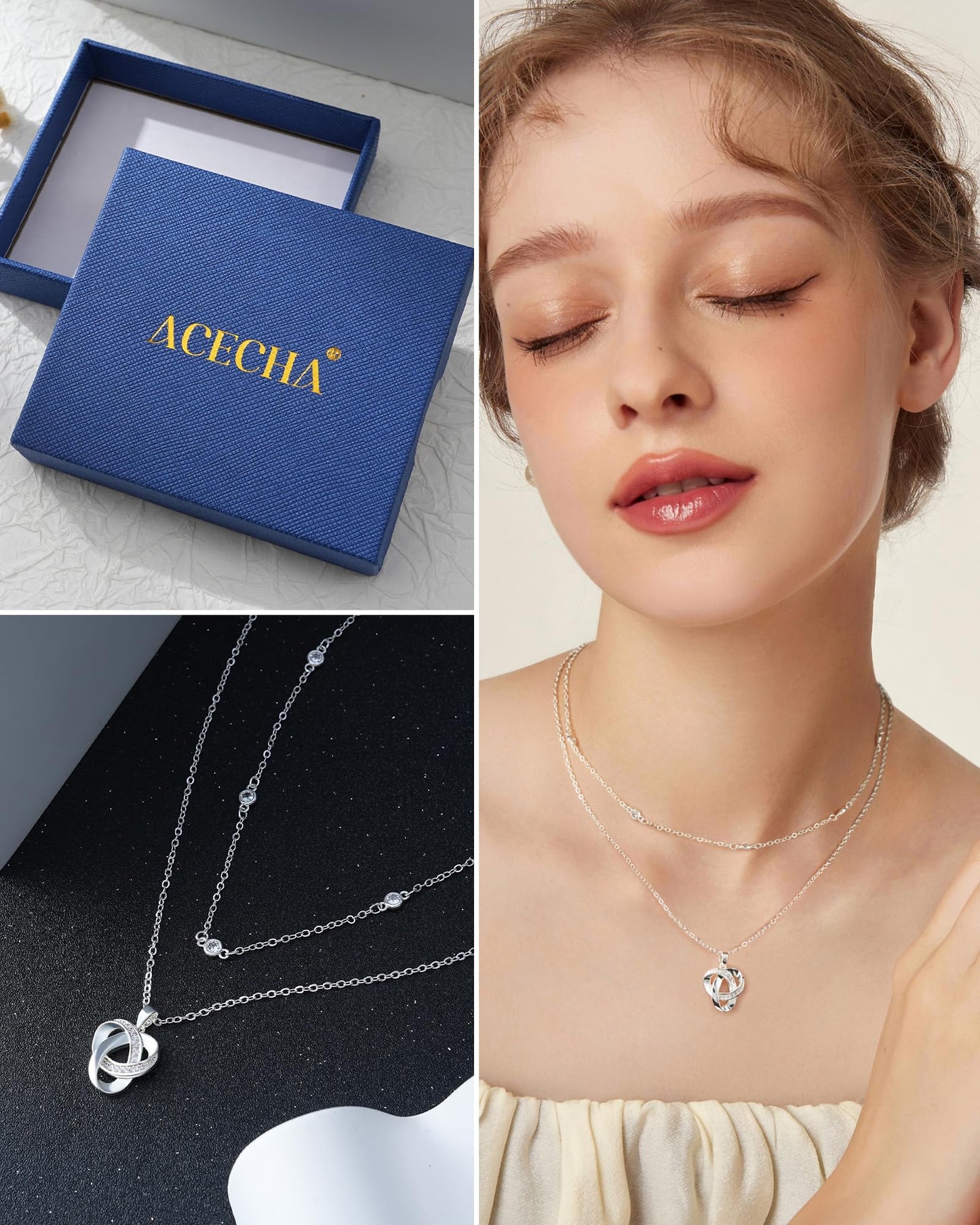 ACECHA Diamond Necklaces for Women-Dainty 18K Gold Silver Plated Choker CZ Layered Pendant with Pearl Diamond Zircon Cross Trendy Minimalist Necklace Jewelry Gifts For Women (silver-love knot)
