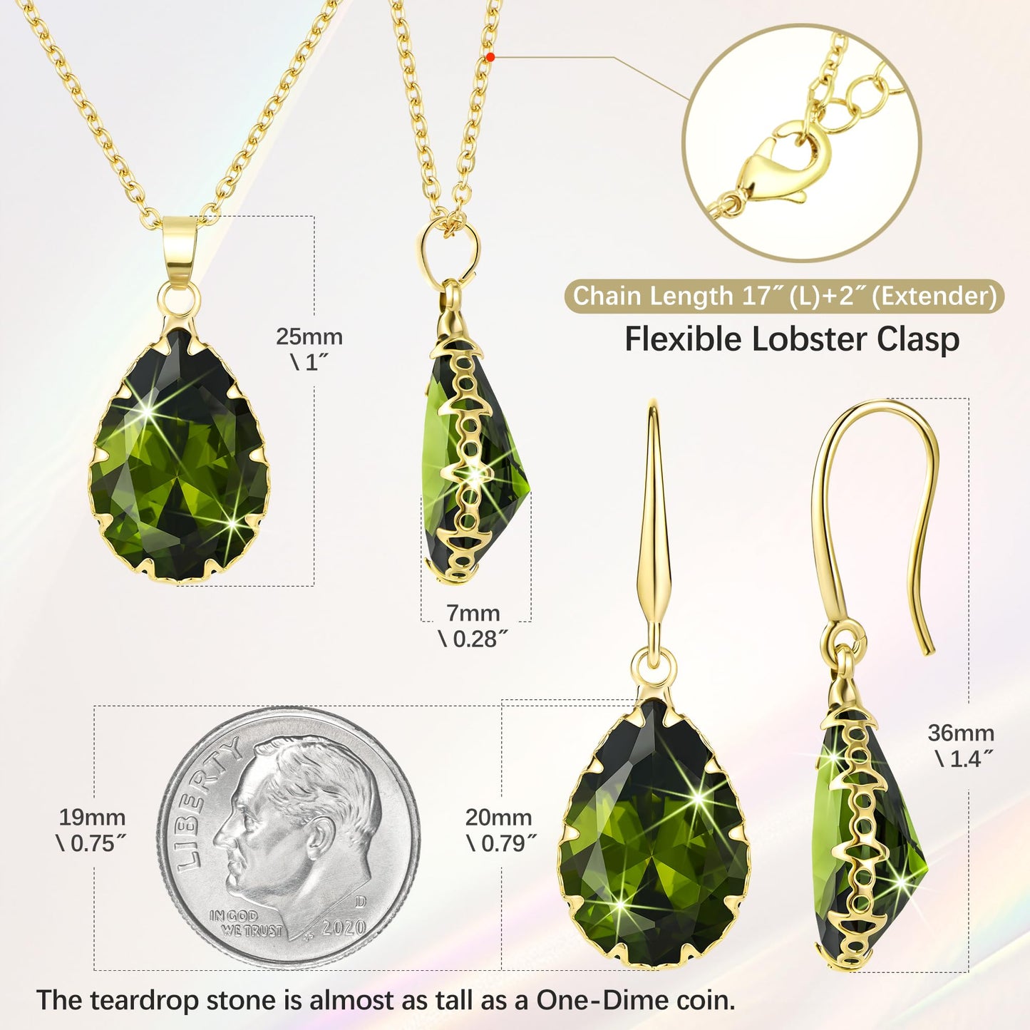 Linawe Peridot Green Gold Jewelry Sets for Women, Birthstone Pendant Necklace and Dangle Earrings Set, Imitation Diamond Crystal Cubic Zirconia Tear Drop Wedding Costume Jewelry Set