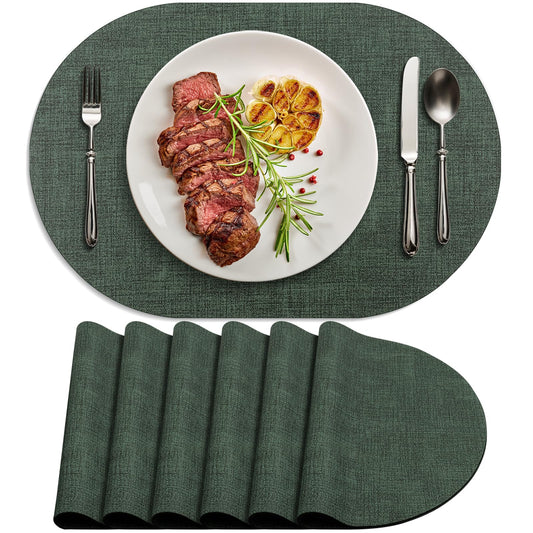 BARTHKIT Placemats Set of 6 - Washable Heat Resistant Table Placemats - Wipeable Faux Leather Oval Place Mats, Waterproof Table Mats for Dining Table, Green