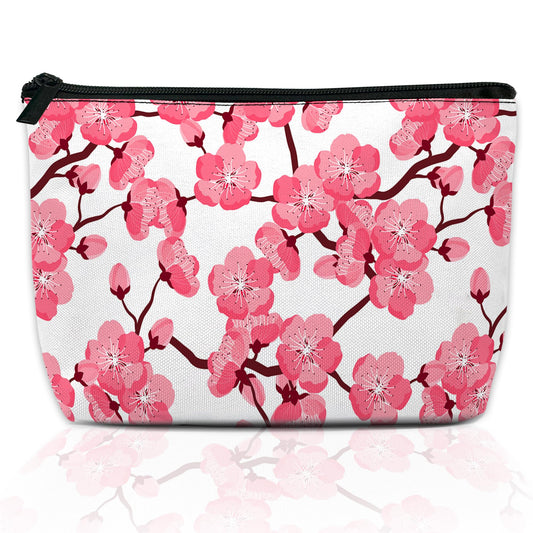 DEMACYA Cherry Blossom Makeup Bag for Purse, Waterproof Funny Japanese Pink Sakura Cosmetic Bag for Women, Zipper Travel Pouch Gift 9.5×5.9 Inch