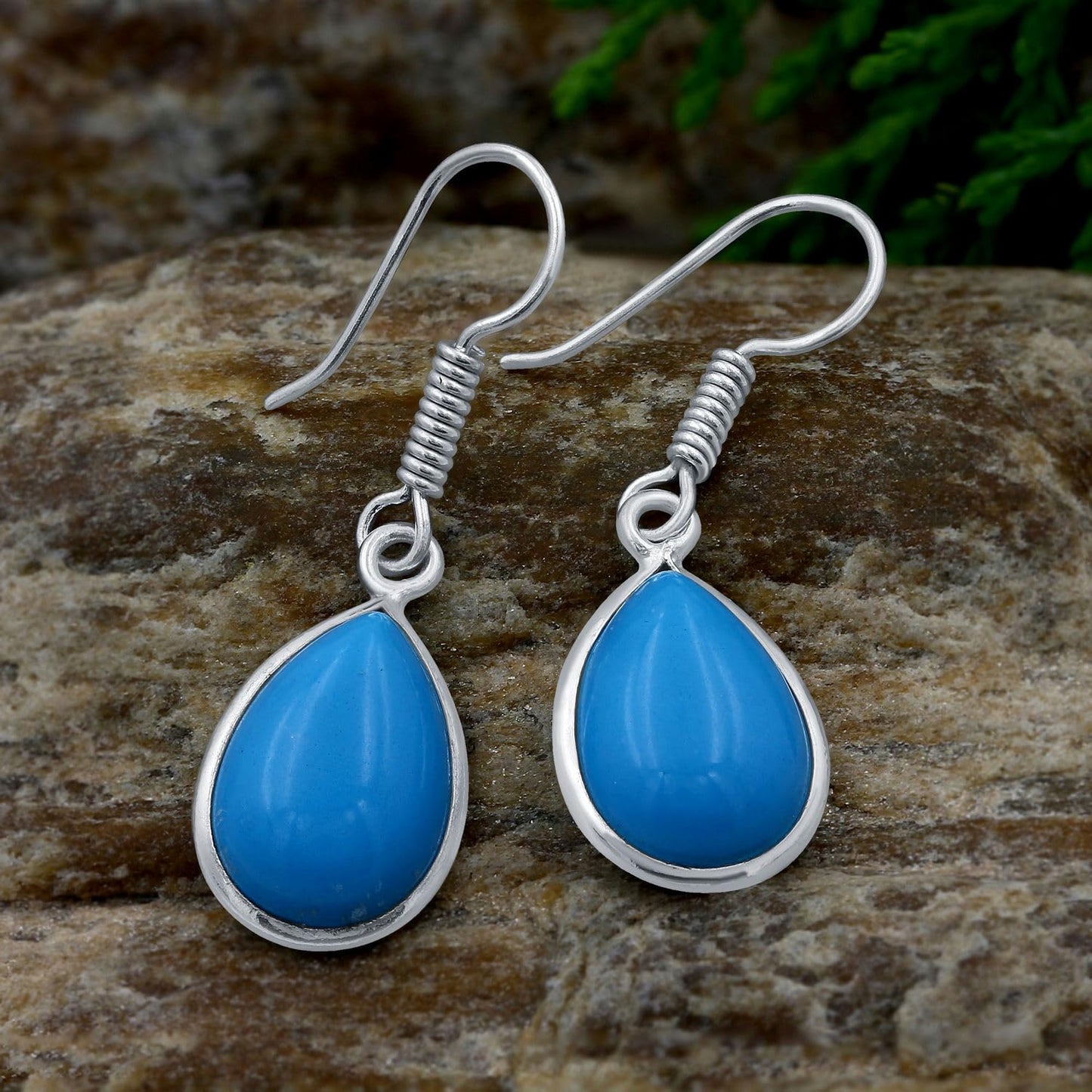 Simulated Blue Sleeping Beauty Turquoise Sterling Silver Plated Dangle Earrings for Women - Blue Stone Teardrop Shape Handmade Dangle & Drop Earrings Jewelry Gifts for Her