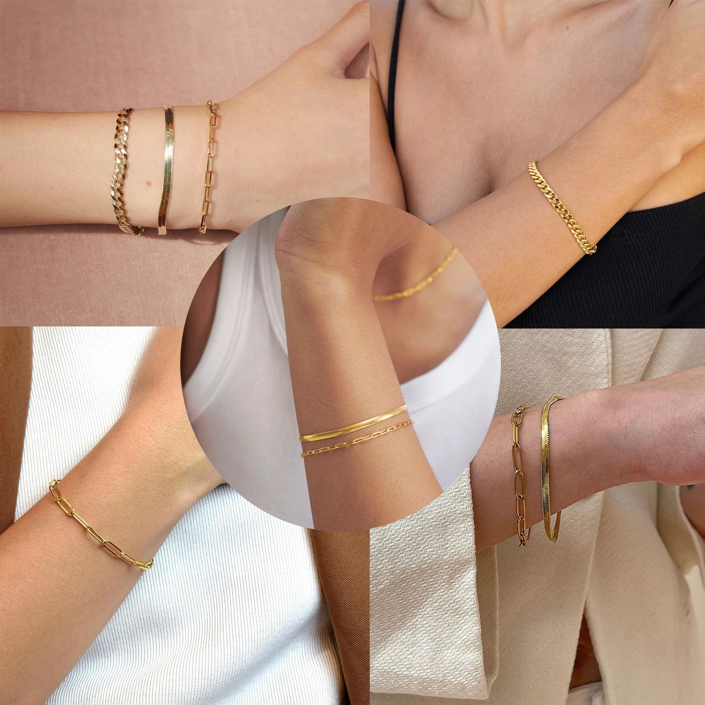 Gold Bracelets for Women 14K Gold Plated Stainless Steel Waterproof Non Tarnish, Dainty Stackable Bracelet Set for Women, 5 Pcs Layered Figaro Paperclip Herringbone Rope Cuban Chain Jewelry Birthday Gifts