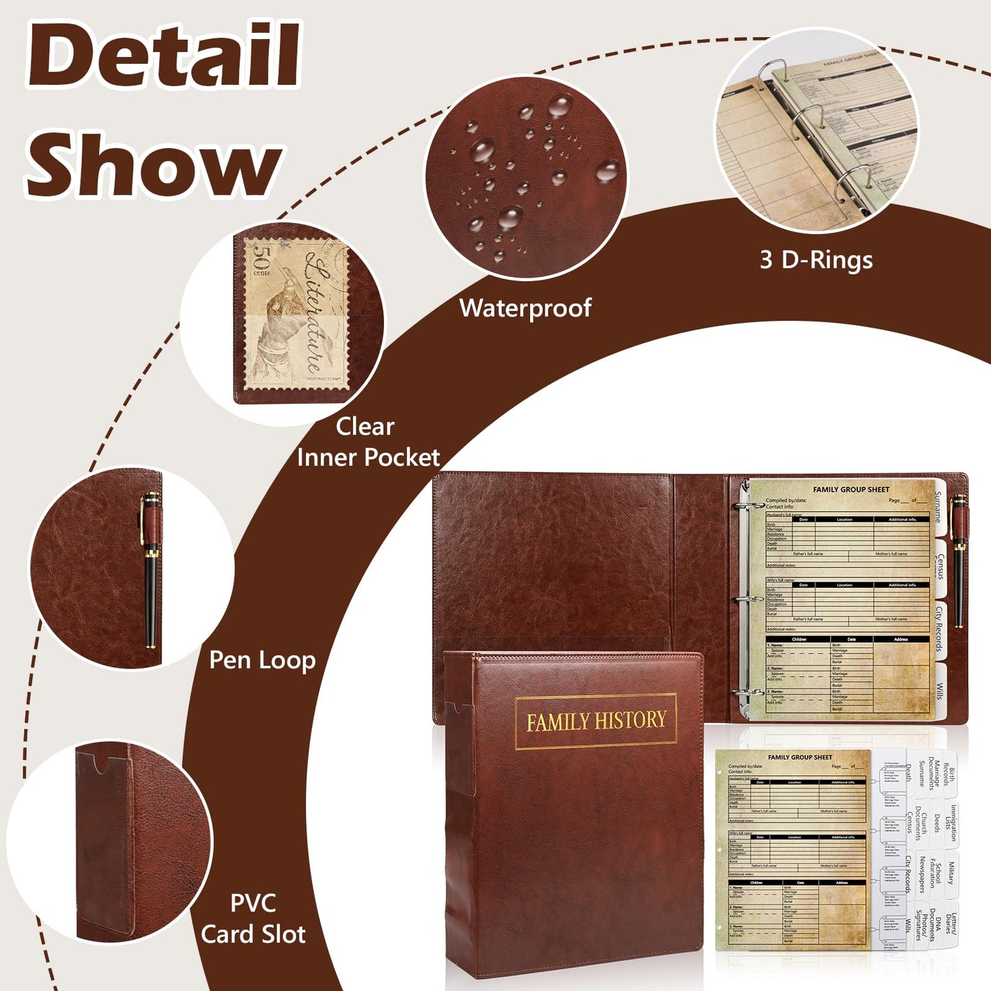 3 Ring Family History Binder 50 Sheet 12th Generation Family Group Sheets 16 Sheets Genealogy Binder Dividers Family Tree Charts to Fill in with PVC Pocket Pen Loop Brown