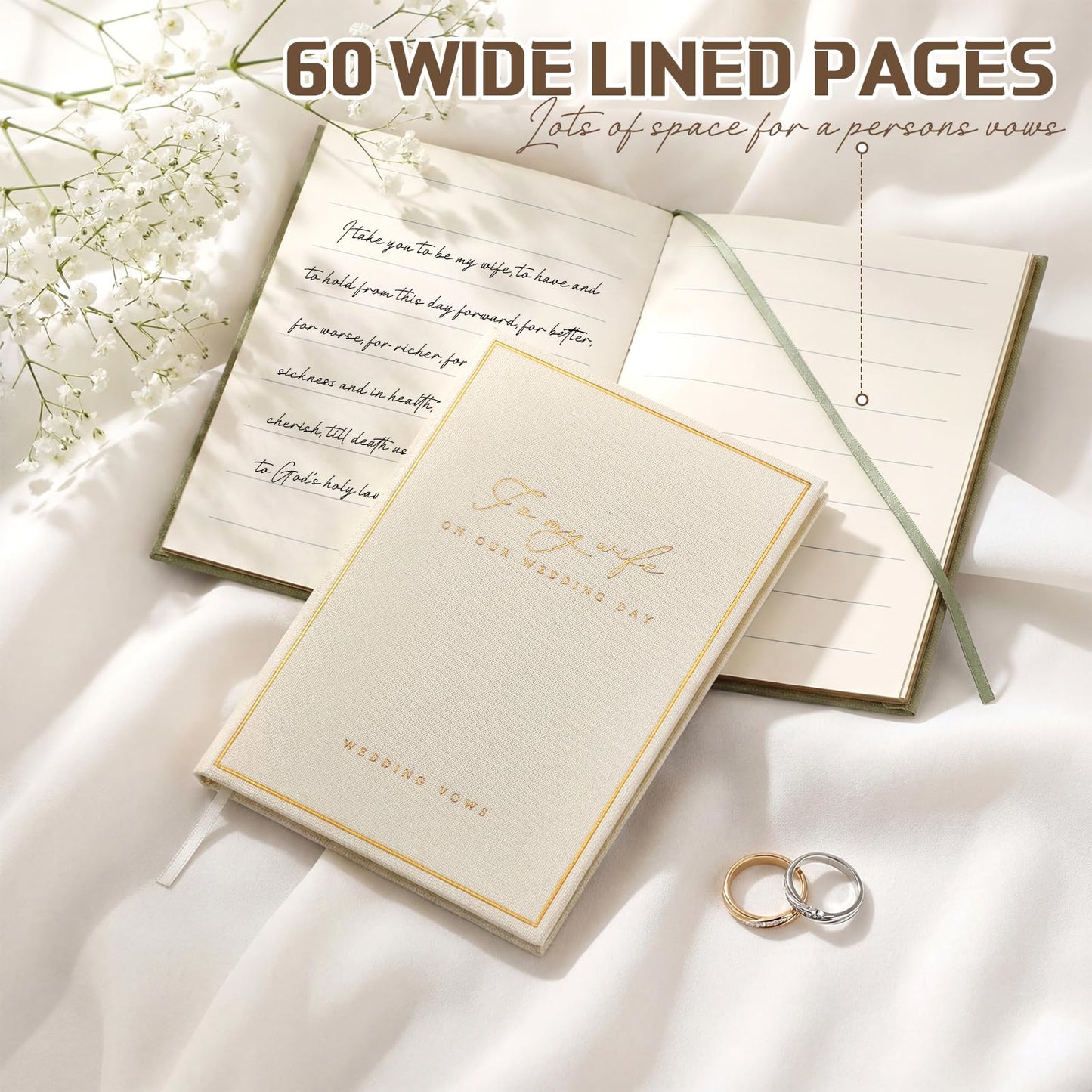 Engrowtic 2 Pcs Premium Wedding Vow Books His and Her Husband Wife Wedding Must Have Registry Ideas Canvas Linen Cover Gold Foil Lettering Lined Page Gift for Newly Engaged Couple(Light Green-White)