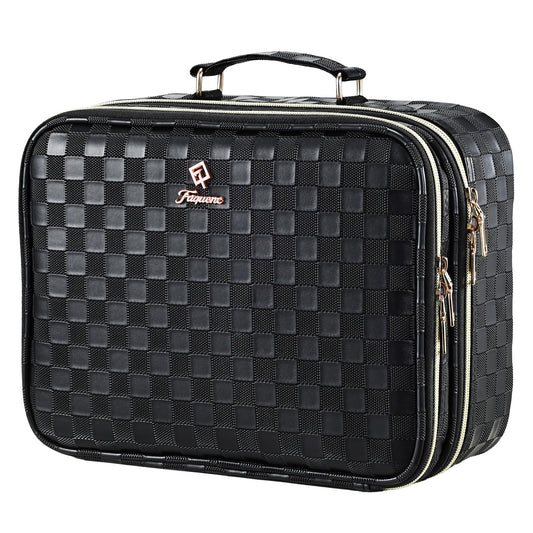 Makeup Bag with LED Lighted Mirror 12.2 IN Cosmetic Train Case Double Layer Makeup Case Adjustable Brightness in 3 Colors Cosmetic Organizer Artist Storage with Brush Holder Vanity Black Checkerboard