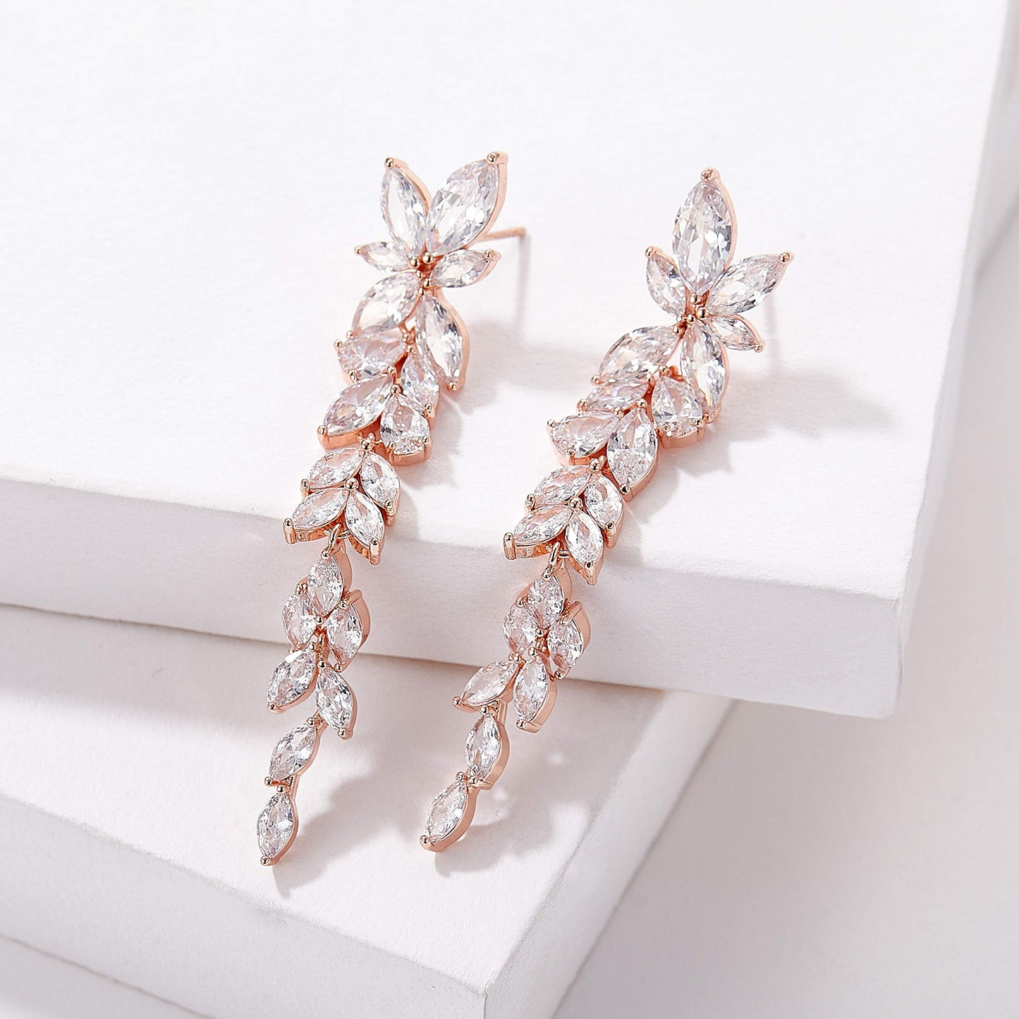 SWEETV Rose Gold Marquise Cubic Zirconia Wedding Earrings for Women Brides, Crystal Chandelier Bridal Drop Earrings for Prom Pageant
