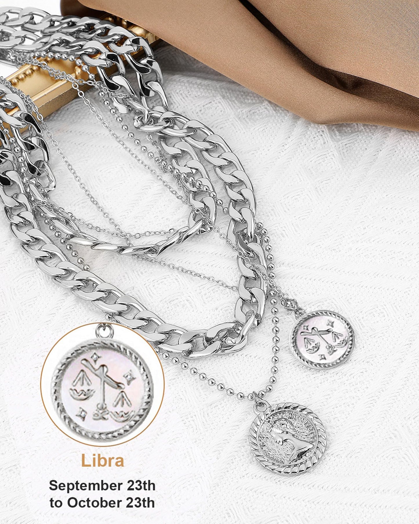 MJartoria Gold Layered Necklaces for Women Trendy Retro Coin Pendant Necklace Dainty Chunky Chain Choker Necklaces for Jewelry Birthday Gifts (Silver, Zodiac-Libra-3PCS Layered)
