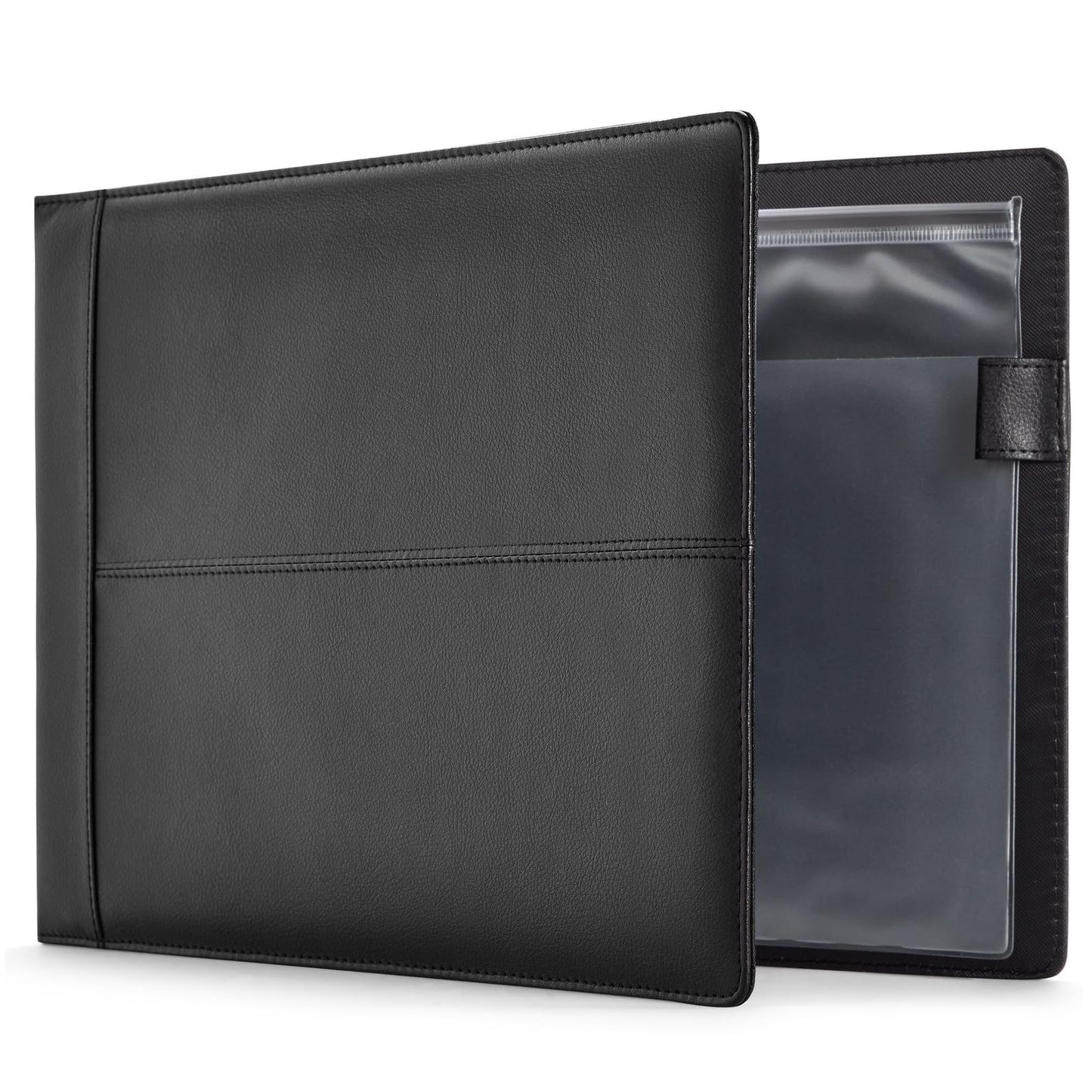 Juvale Check Binder - Black Faux Leather, 7-Ring, 14 x 10 in, Fits 600 Checks - Business Checkbook Binder & Cover with Pen Loop, Checkbook Holder & Organizer for Personal & Corporate Use