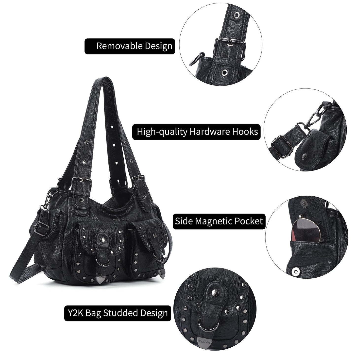 Angel Kiss Hobo Bags For Women Puses and Handbags Multi Pocket Studded Shoulder Bag Y2K Tote Bag