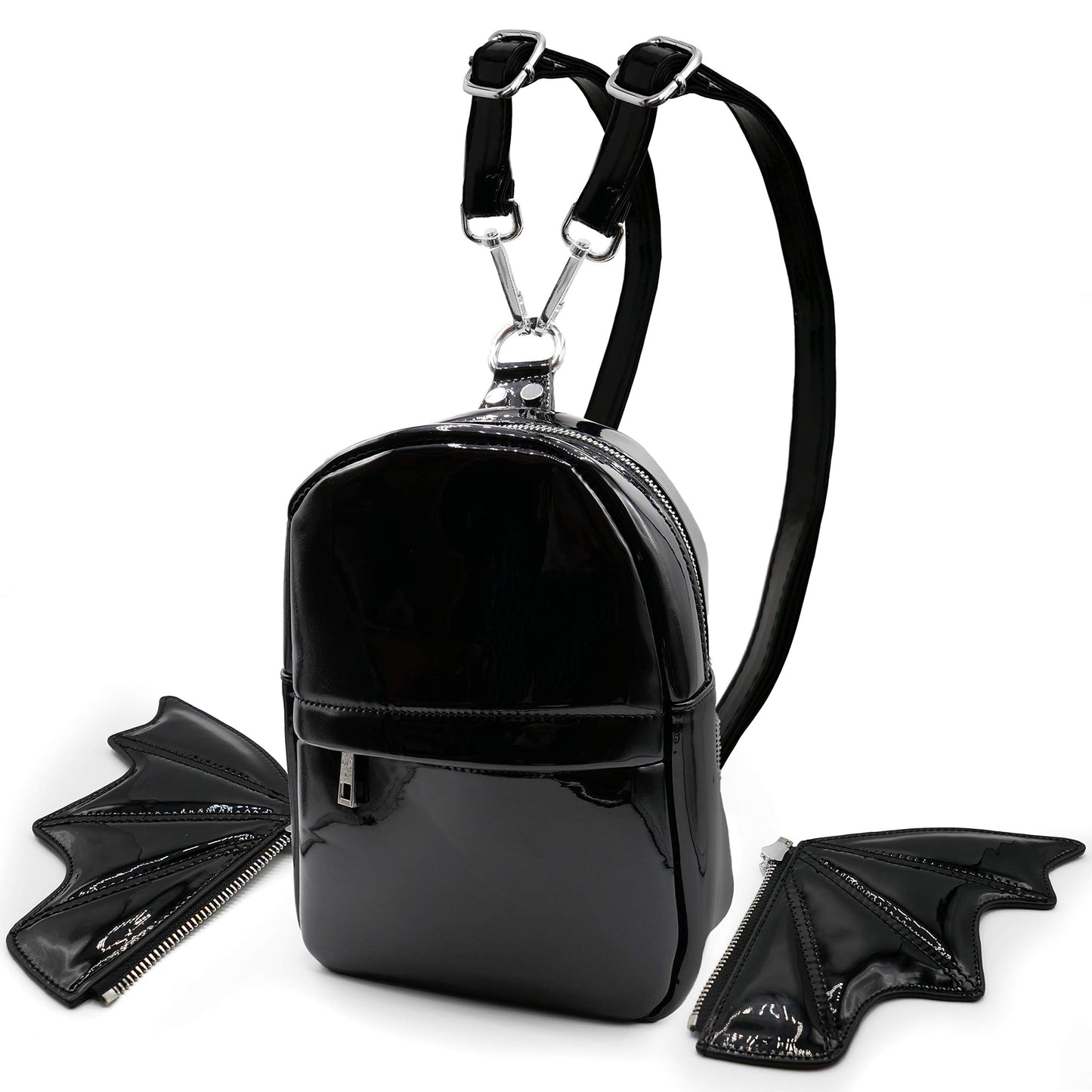 Prime Original Women Fashion Mini Backpack | Detachable Bat Angel Wing Shoulder Bag (Black Patent)
