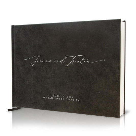 MUUJEE Personalized Guestbook in Charcoal - Premium Custom Modern Guest Book for Wedding Reception, Birthday Party or Events w/Bookmark Blank Pages for Signing 11.5 x 8.5 inches