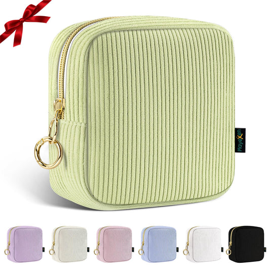 Playexen 5.5" Small Makeup Bag, Corduroy Small Cosmetics Bag for Purse, Portable Mini Travel Makeup Pouch with Ring Buckle & 2 Inner Pockets for Women (Green)