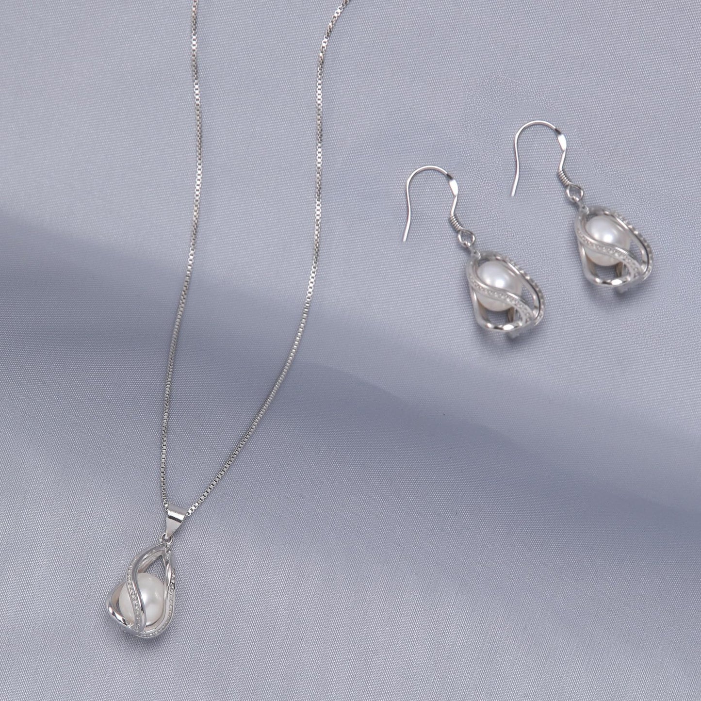 HENGSHENG Pearl Jewelry Set For Women S925 Sterling Silver Necklace & Earrings Set Freshwater Pearl Pendant Cage Set for Wedding Anniversary Prom Birthday Gift - Silvery White