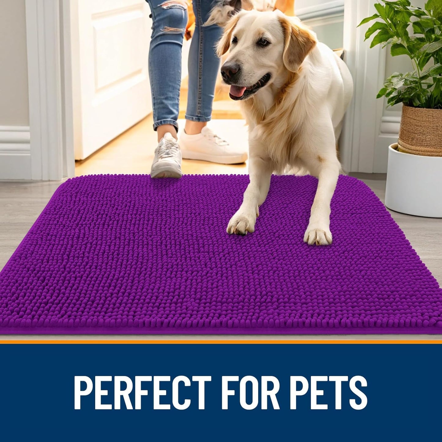 OLANLY Dog Door Mat - Absorbent Non-Slip Chenille Mat for Muddy Paws | 24x16 Inches, Purple