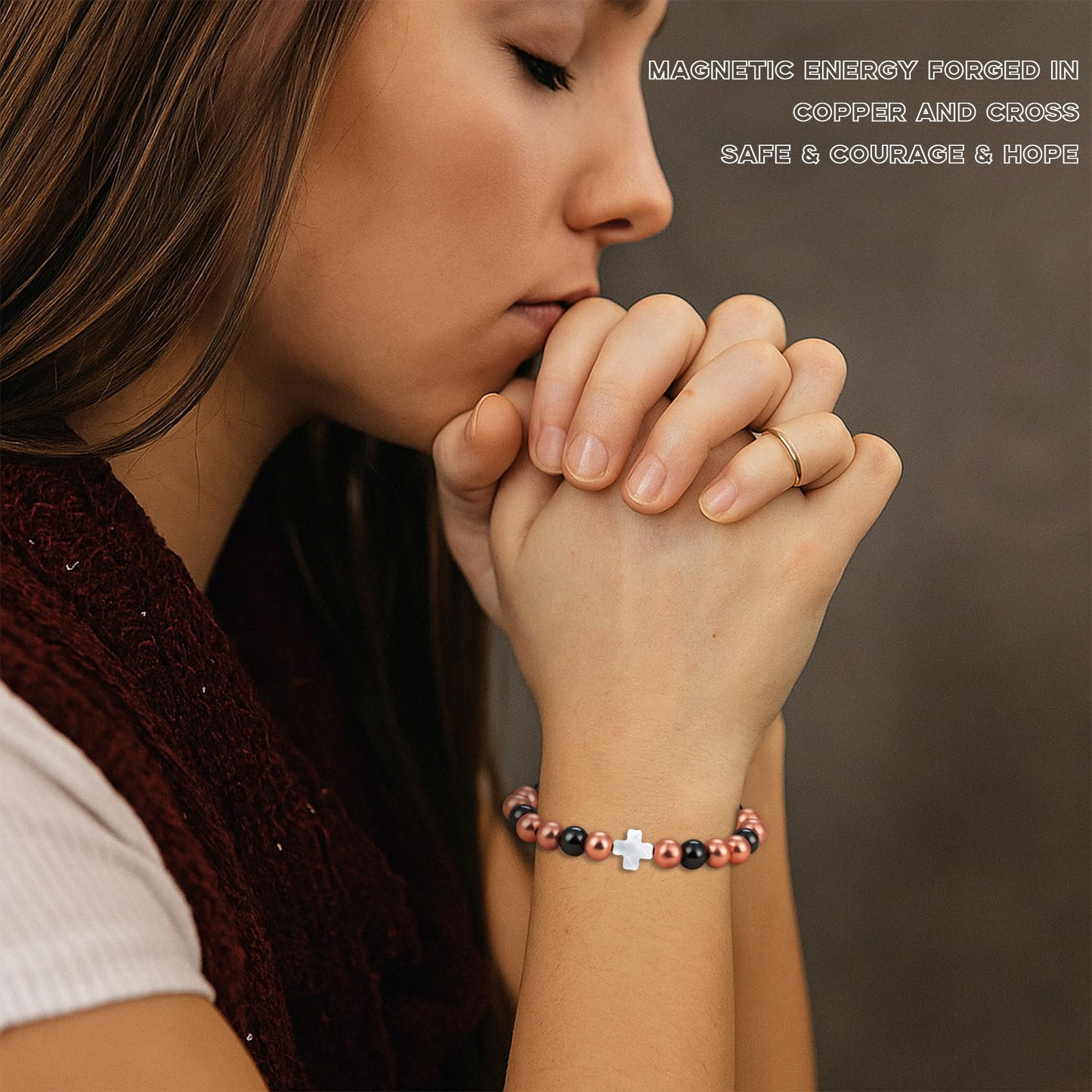 PEALICIOUS Copper Bracelet for Women and Men, 8MM Cross Copper Magnetic Bracelets with 3500 Gauss Magnetic Bead as Christian Jewelry for Mom, Cooper Hematite Jewelry as Mother Day Gift for Parents