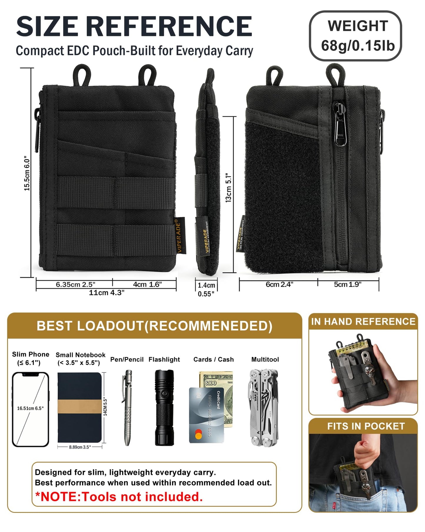 VIPERADE VE18 EDC Pouch, Pocket Organizer for Men, EDC Pocket Organizer, 3 Slots with 2 Zipper Pockets, Multitool Pouch