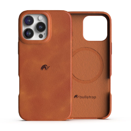 Bullstrap Minimalist Open Bottom Handcrafted Leather Case for iPhone 16 Pro | MagSafe Compatible Premium Full-Grain iPhone 16 Pro Leather Case w/Beautiful & Unique Patina | Sienna