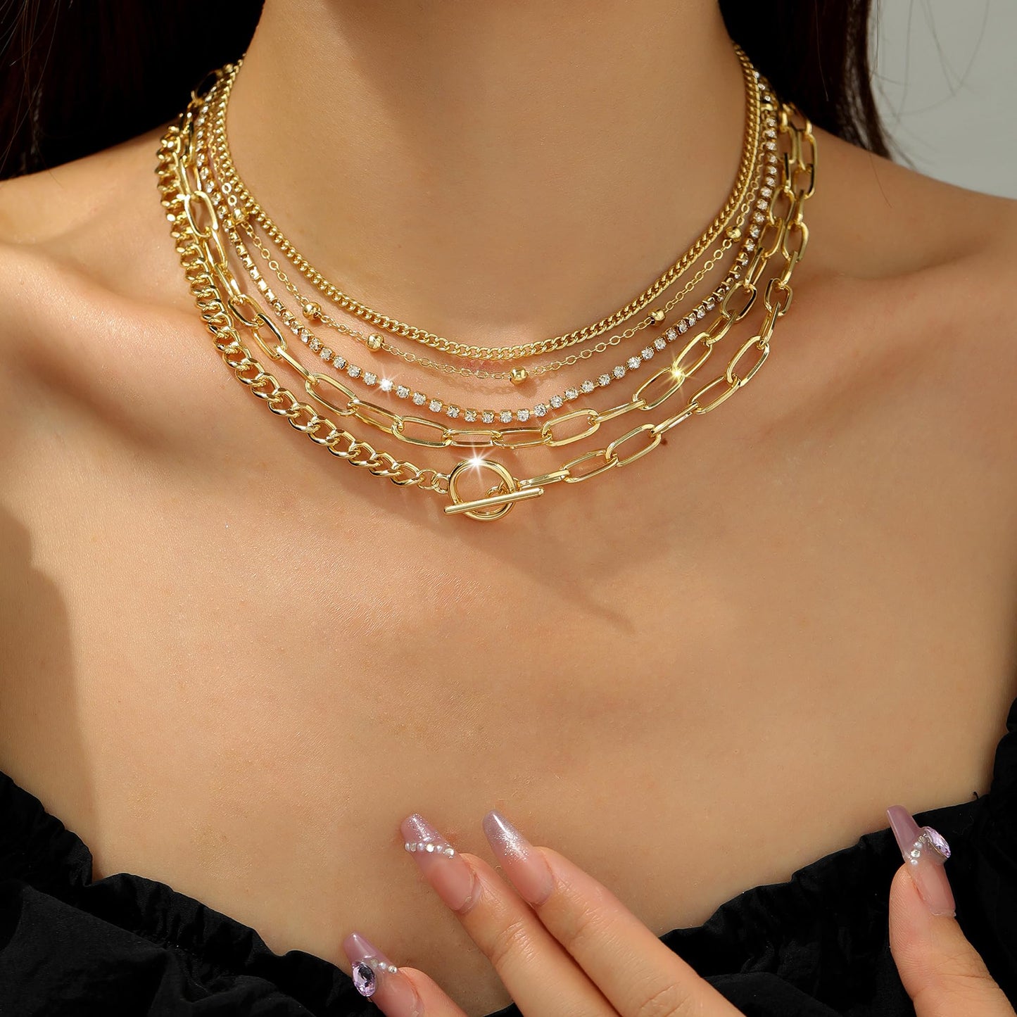 ANDKISS Gold Necklace for Women - 5PCS Dainty Layered Chain Necklaces 18k Gold Plated Choker Bohemian Look Necklace Simple Gold Stacked Hypoallergenic Necklaces Set Used for Gift For Women