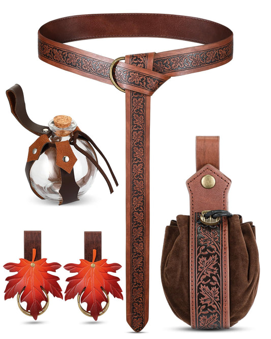 Sweetude 6 Pcs Renaissance Belt Accessories Medieval Viking Belt Potion Bottles Leather Pouch Skirt Hikes(Brown,Brown Leaf Style)