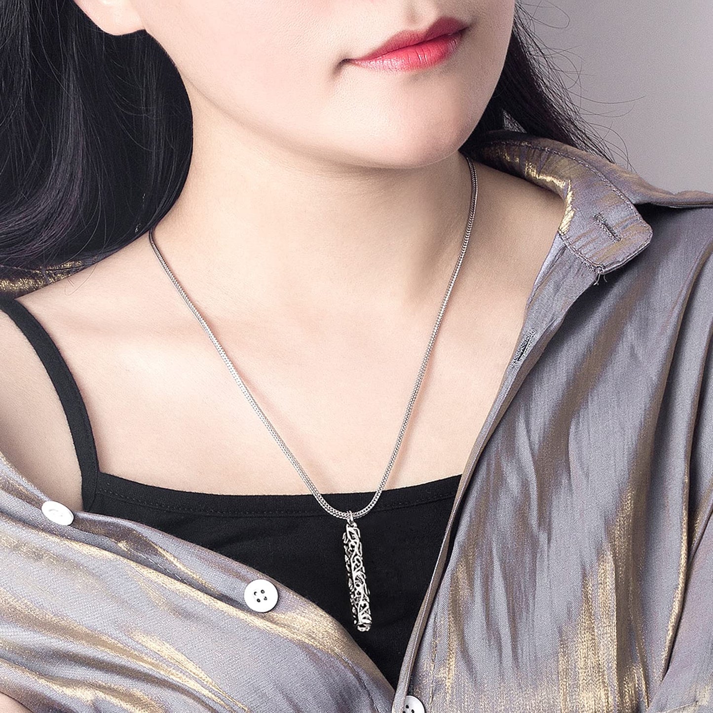 Dankadi Women's 925 Silver Necklace-Bohemian Sterling Silver Patterned Cylindrical Pendant Necklace-Original Silver Snake Chain 45-60CM Fine Jewelry (Chopin chain 24 inch)