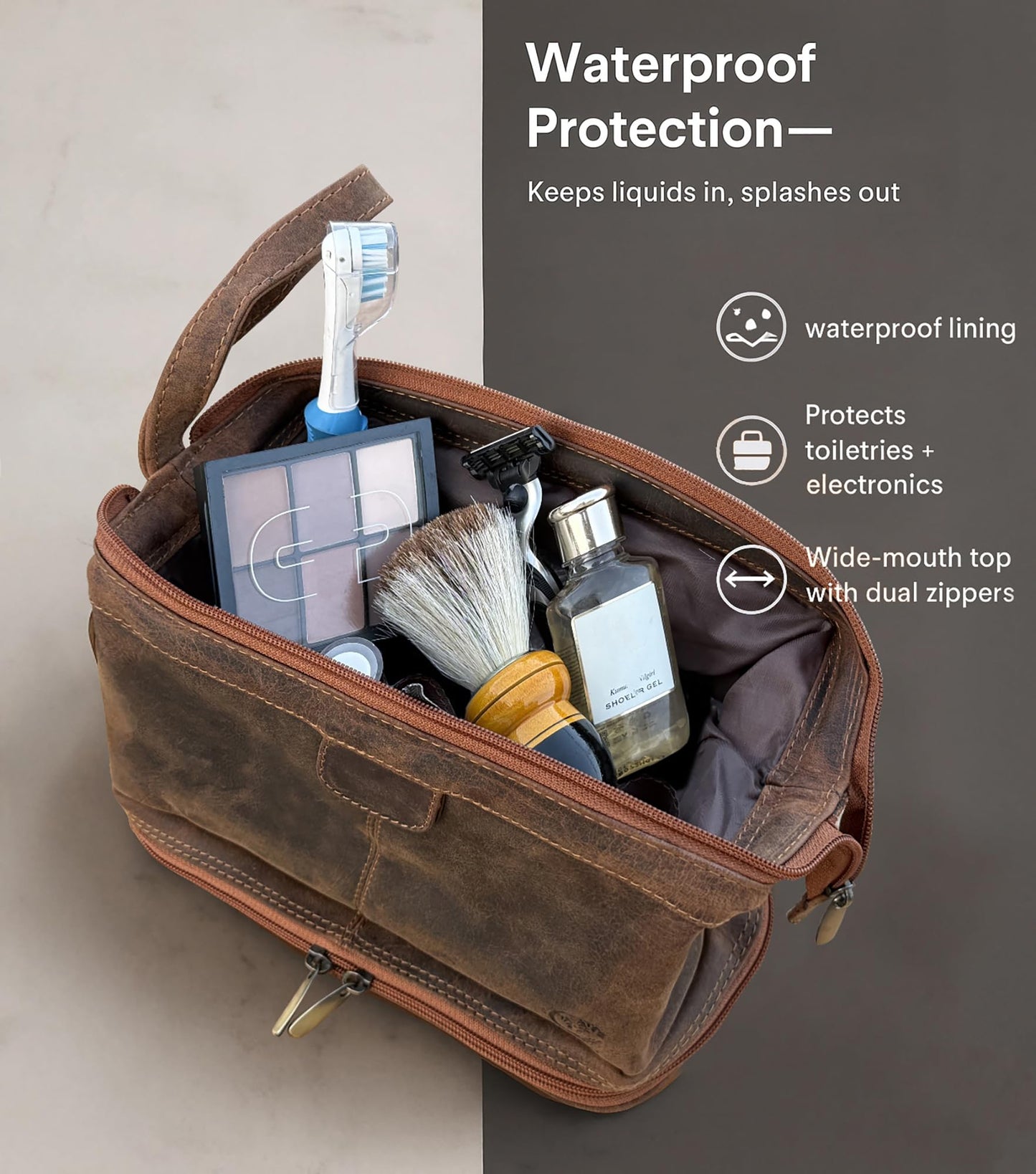 RUSTIC TOWN Leather Toiletry Bag for Men - Travel Gift Shaving Ditty Kit - Bathroom Shower Toiletries Organizer - Cosmetic Makeup Bag for Women