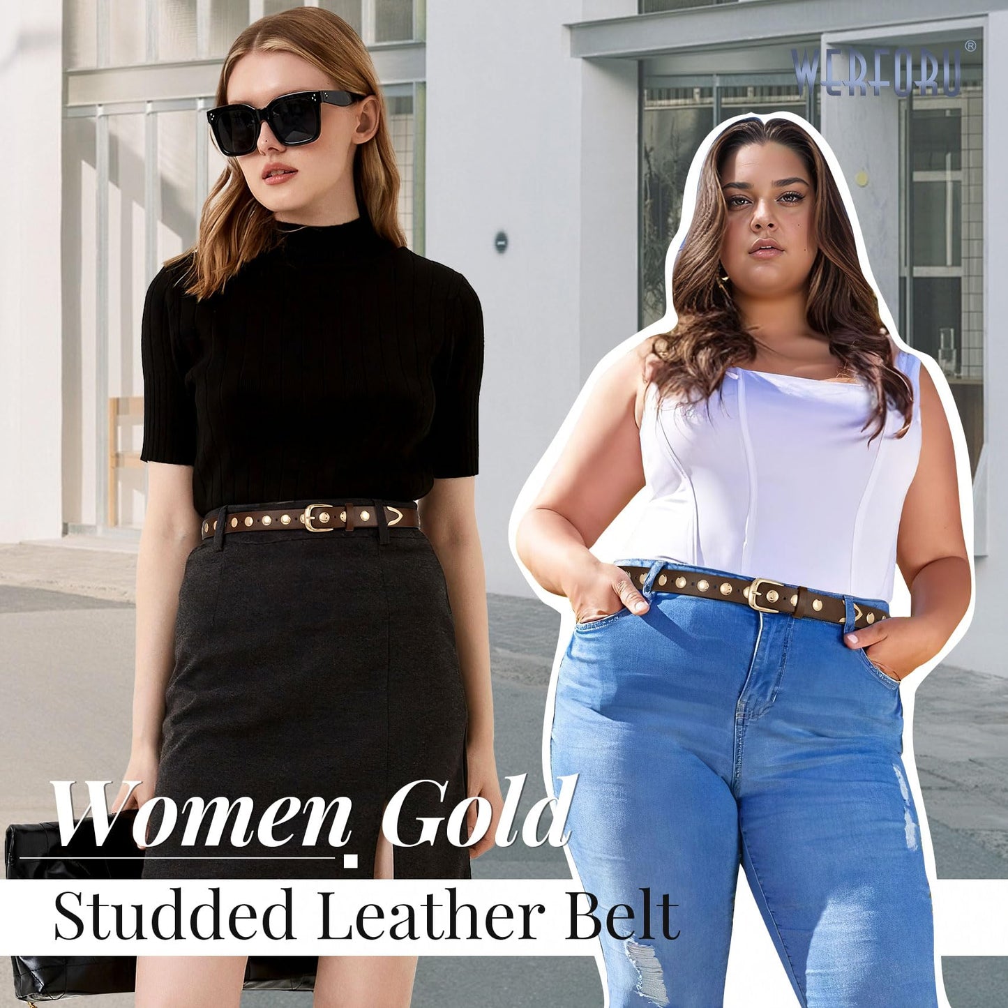 WERFORU Women Fashion Leather Belt Studded Leather Belt Ladies Belts for Jeans Dress Punk Belt,Coffee,25"-30" Waist Adjustable-