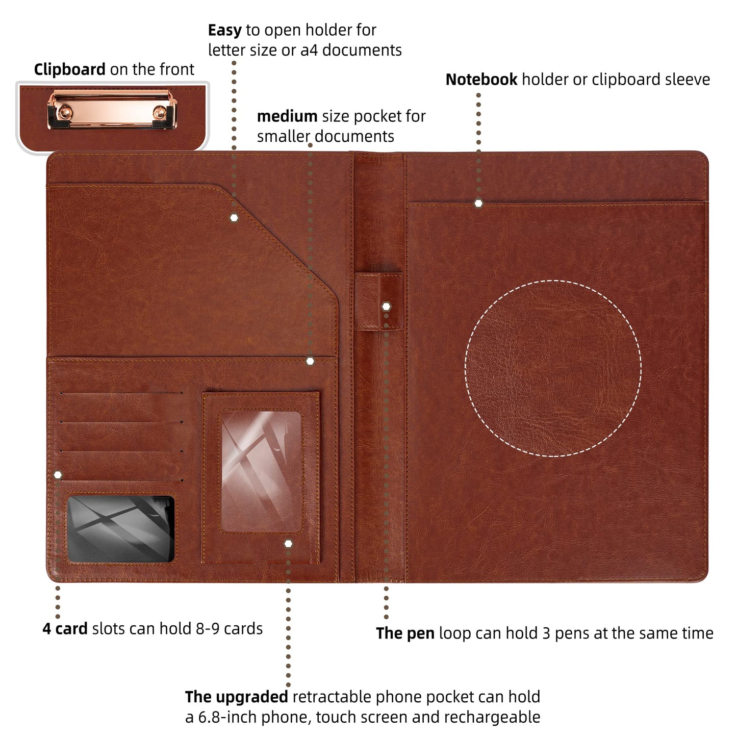 Brown Leather Portfolio Organizer Clipboard Storage Folio Padfolio for Men Notepad Notebooks for Work