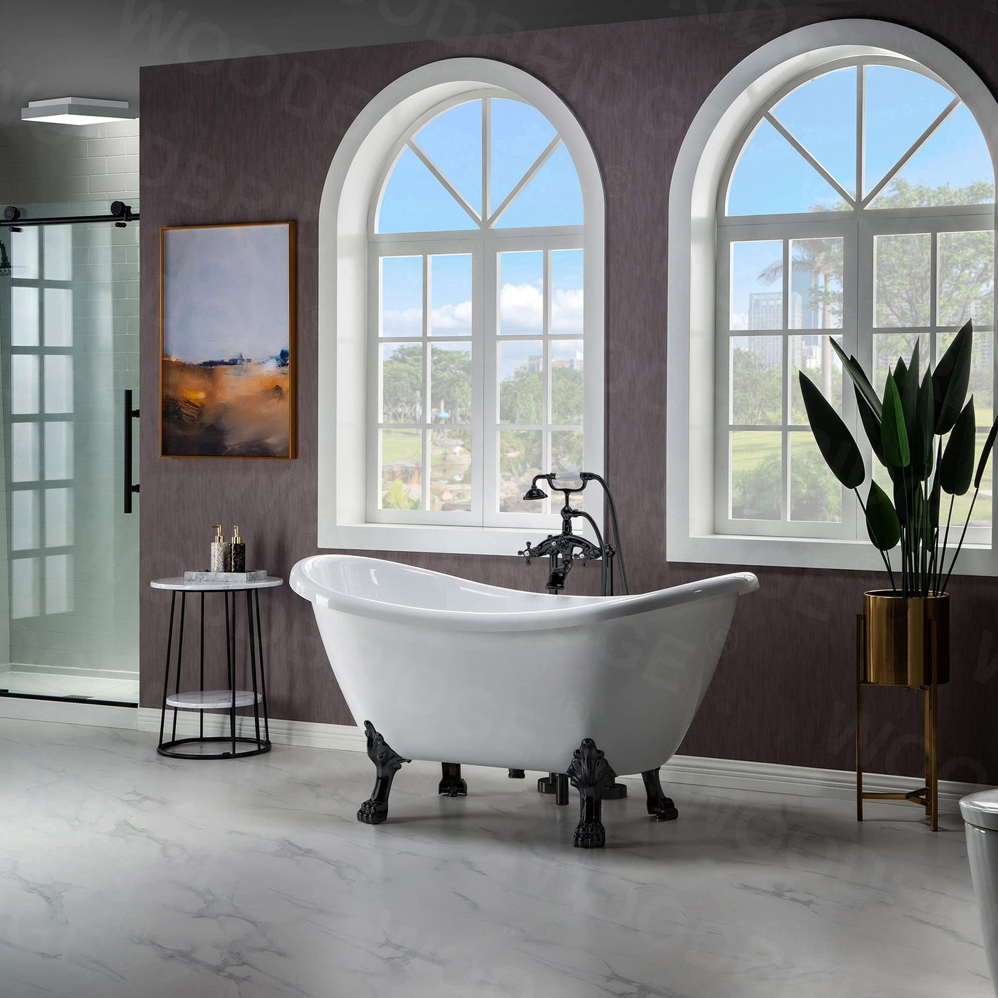WOODBRIDGE 59" Heavy Duty Acrylic Double Slipper Clawfoot Bath Tub with Matte Black Feet + Matte Black Drain &Overflow