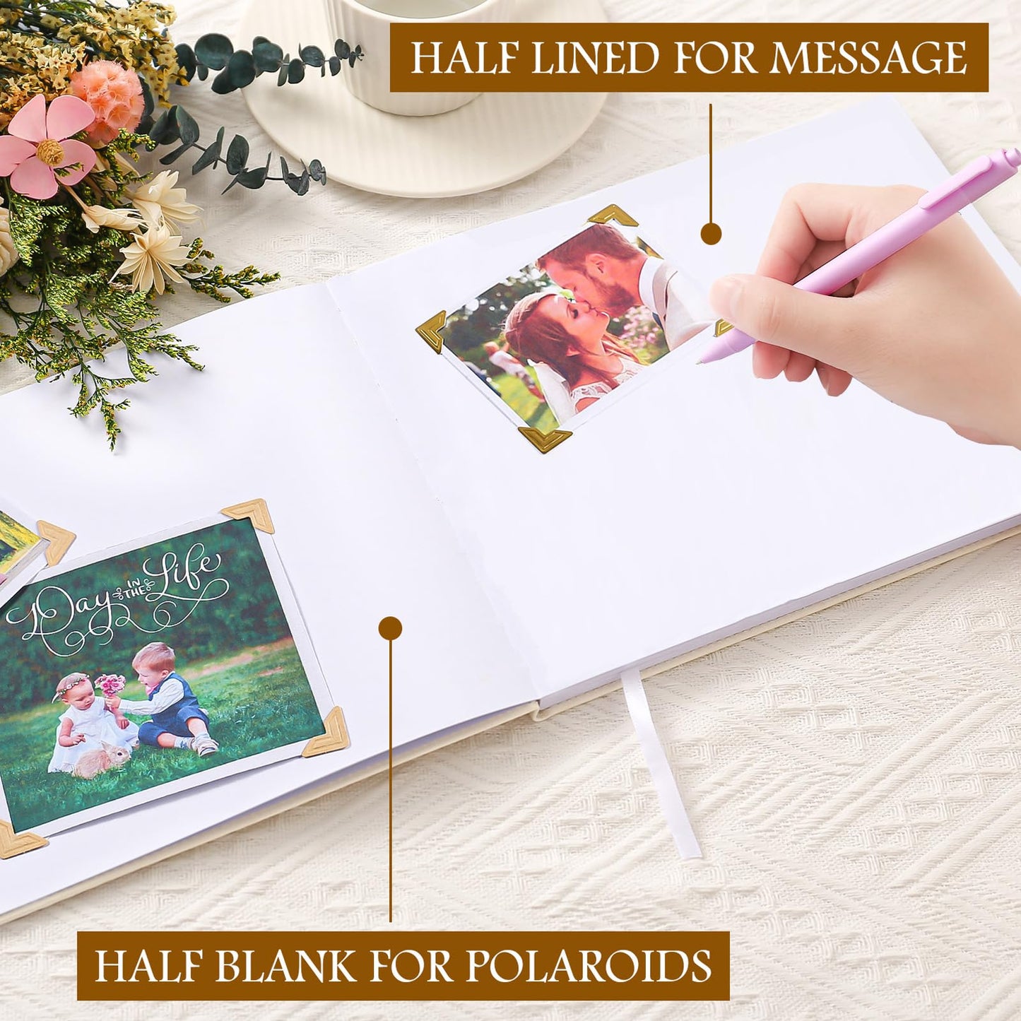 Rolarhola 8x10 Leather Guest Book and Standup Sign Set, Gold Foiled Cover Registry Book for Wedding Reception, Retirement Party, Vacation Homes and Events, 120 Sheets (White Blank)