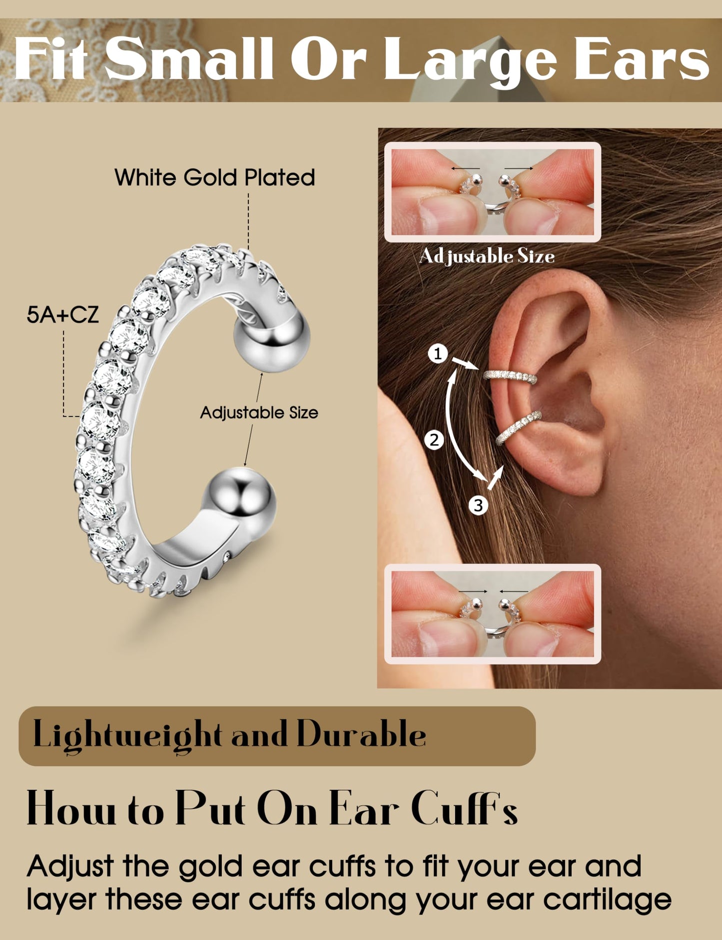 LOLIAS 4 Pairs Ear Cuffs Non Piercing - White Gold Plated Ear Cuff Earrings for Women Ear Cuff for Non Pierced Ears Clip on Cartilage Earring Chunky Adjustable Fake Earrings Set