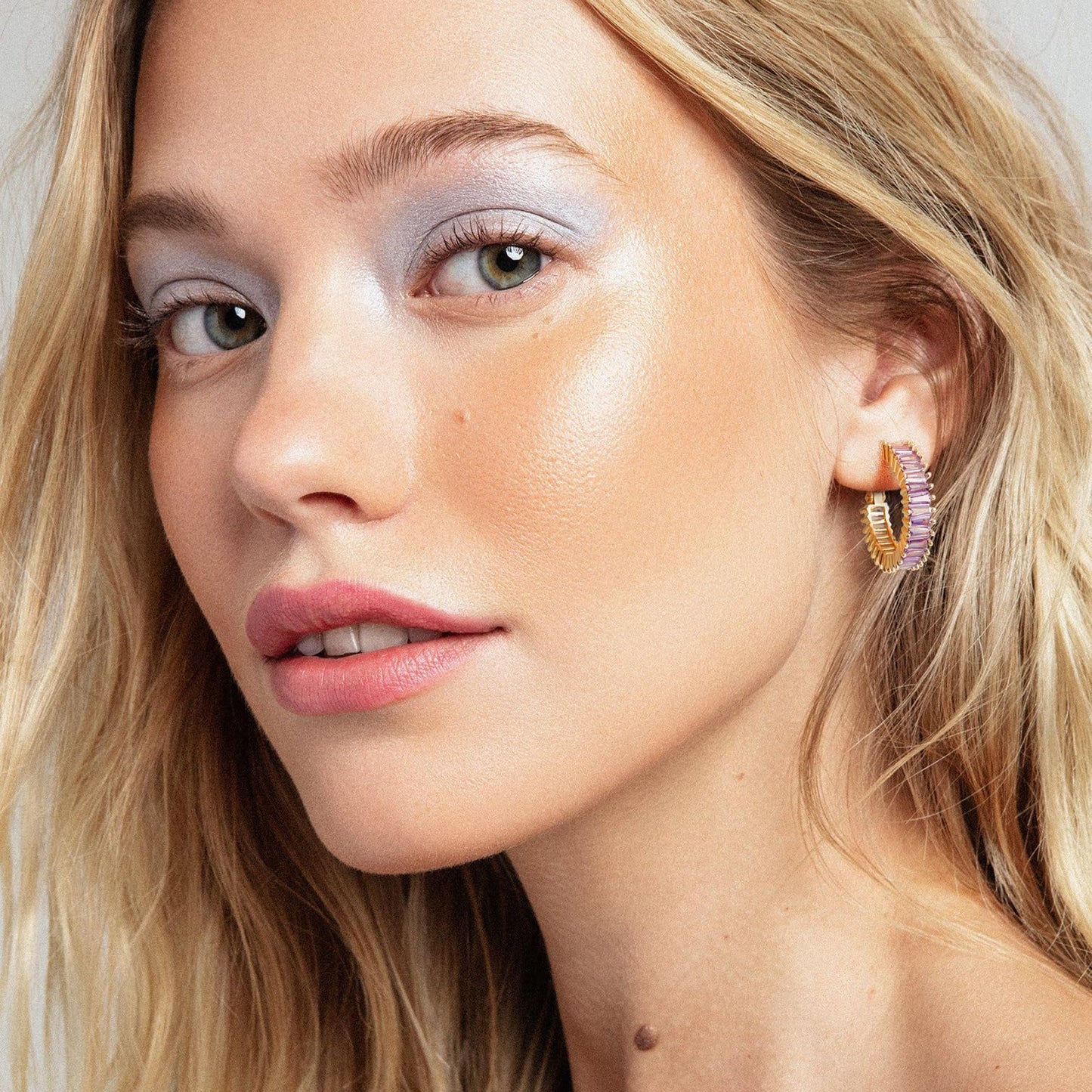 GLOQUAT Gold Purple Hoop Earrings 14K Gold Plated Amethyst Earrings for Women Purple Rhinestone Earring Lavender Earring Round Circle Hoops Vintage Baguette Cubic Zirconia Hoop Jewelry for Women 25mm