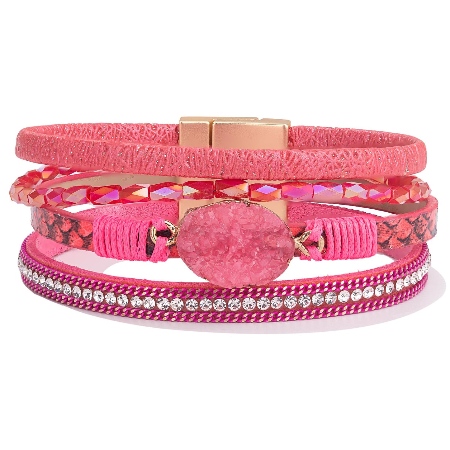 FANCY SHINY Boho Leather Wrap Bracelet Stackable Chunky Crystal Cuff Bracelets with Magnetic Clasp Cowboy Cowgirl Western Summer Beach Outfits Jewelry Gifts for Women (7.7", Hot Pink)