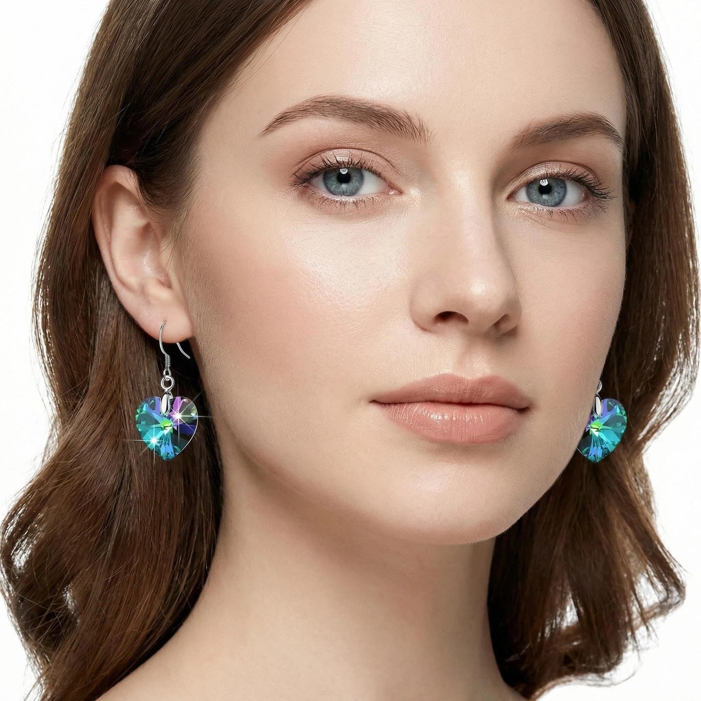 Austrian Crystal Heart Drop Dangle Earrings for Women 925 Sterling Silver Hook Hypoallergenic Earring (Rainbow)