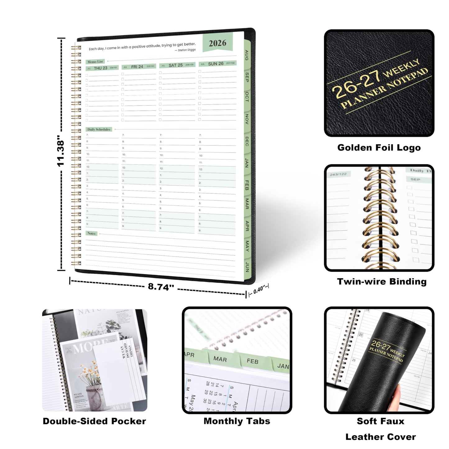 2026-2027 Planner - 11.38'' x 8.74'', Weekly & Monthly Planner Notepad, JUL. 2026 - JUN.2027, Appointment Book 2026-2027, 60 Minutes Interval, Monthly Tabs, Faux Soft Leather, Spiral Bound - Black
