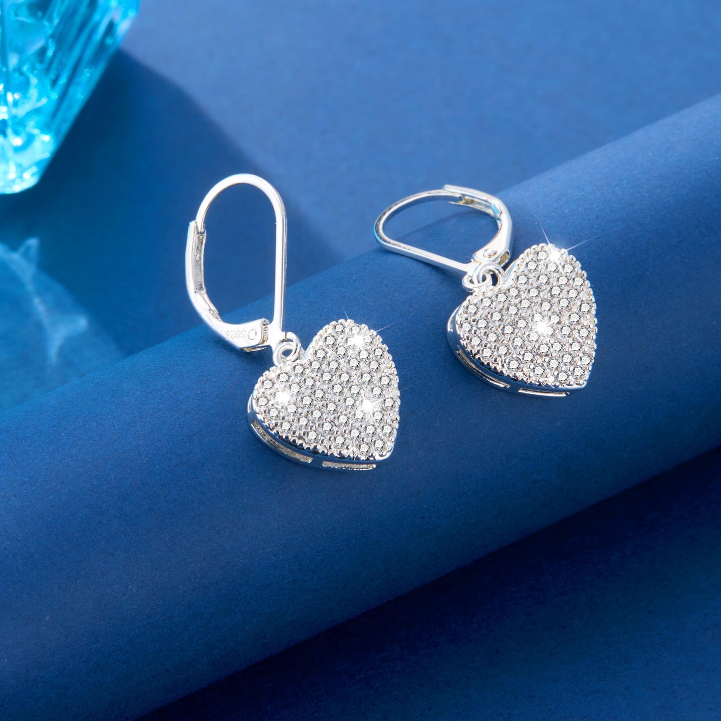 Sterling Silver Dangle Earrings, ALEXCRAFT Heart Dangling Drop Earring for Women Trendy Hypoallergenic 925 Sterling Silver Leverback Earings Cubic Zirconia Heart Dangle Earrings for Women Lady