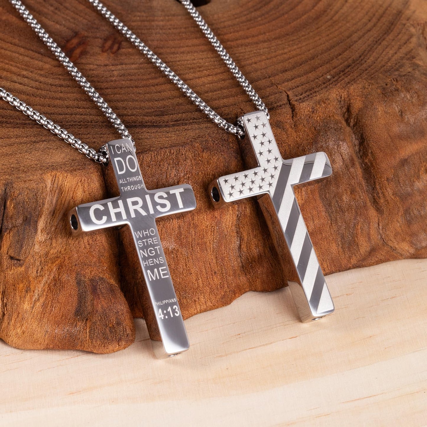 FUNPAR American Flag Cross Breathing Necklace, Stainless Steel Patriotic Jewelry, Inspirational Bible Verse Cross Necklace, Anxiety Relief Items for Men Christian Gift(Silver 4:13)