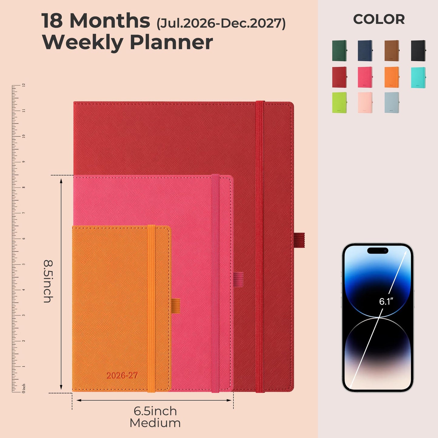 IN-LUXPRO Weekly Monthly 2026-2027 Planner (July 26-Dec 27),8.5"x6.5",18 Months Agenda Plan with Month Tabs & Pocket,Expenses/Note Pages, Academic Calendar with Vegan Leather Cover,Red