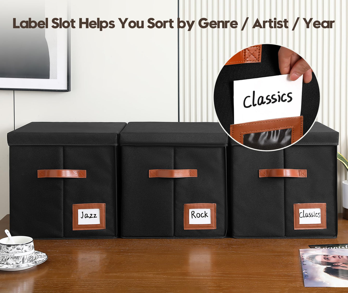 Qozary Vinyl Record Storage Box with Display Window for Album Covers, 2 Pack Record Organizer Crate with Lid, Collapsible LP Storage Box, Label Slot & Leather Handles, Holds Over 100 Vinyl Albums