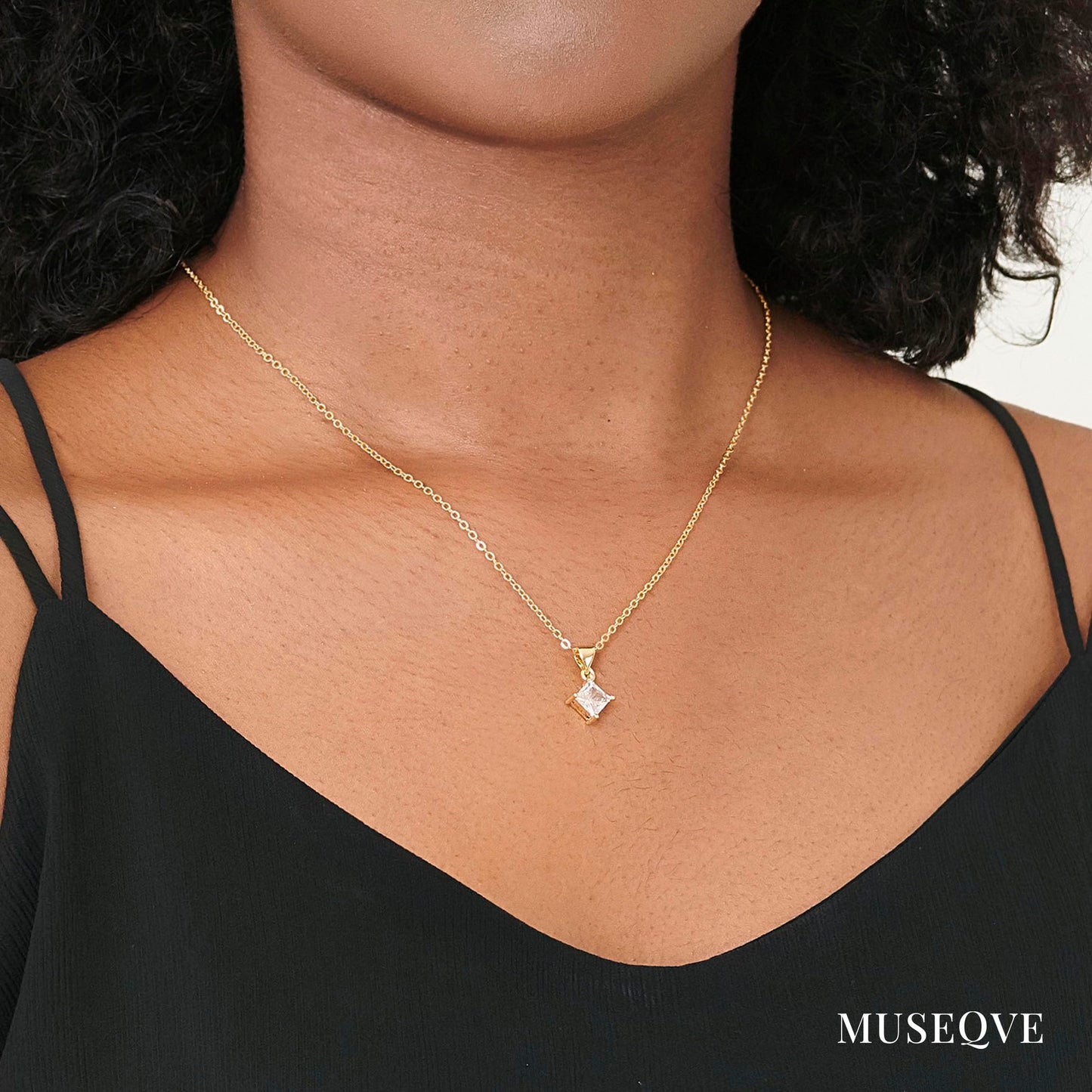 MUSEQVE 14K Gold Plated CZ Solitaire Necklace for Women • Princess Cut Square Rectangle Rhombus Cubic Zirconia Diamond Pendant Jewelry • Tarnish Free Adjustable Chain [CZN-RH-G]