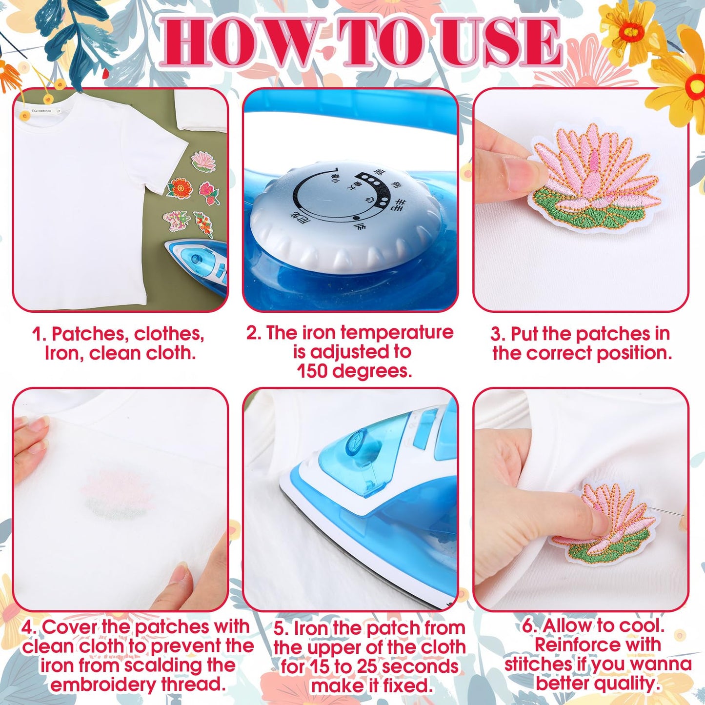Thiccywoov 60 Pcs Flower Iron on Patches Bulk Embroidered Spring Floral Iron on Hat Patch Rose Sunflower Lily Daisy Peony Tulip Applique Sew on for Hat Clothing Shirt Backpack Jeans Pants DIY Craft