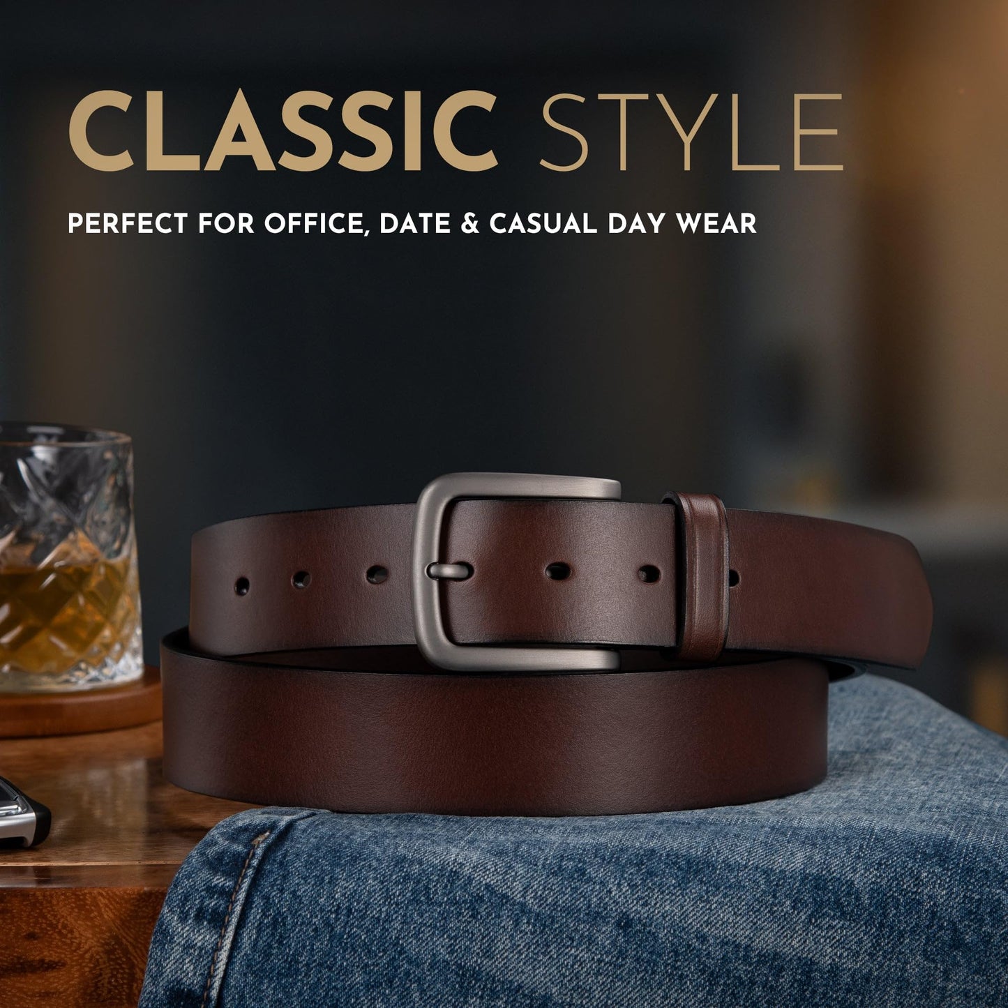 Buffway Men's Leather Belt,1.5" Handcrafted Top-Grain Leather – Durable,Comfortable,Suitable for Everyday Formal & Casual Wear - Size 34" Coffee