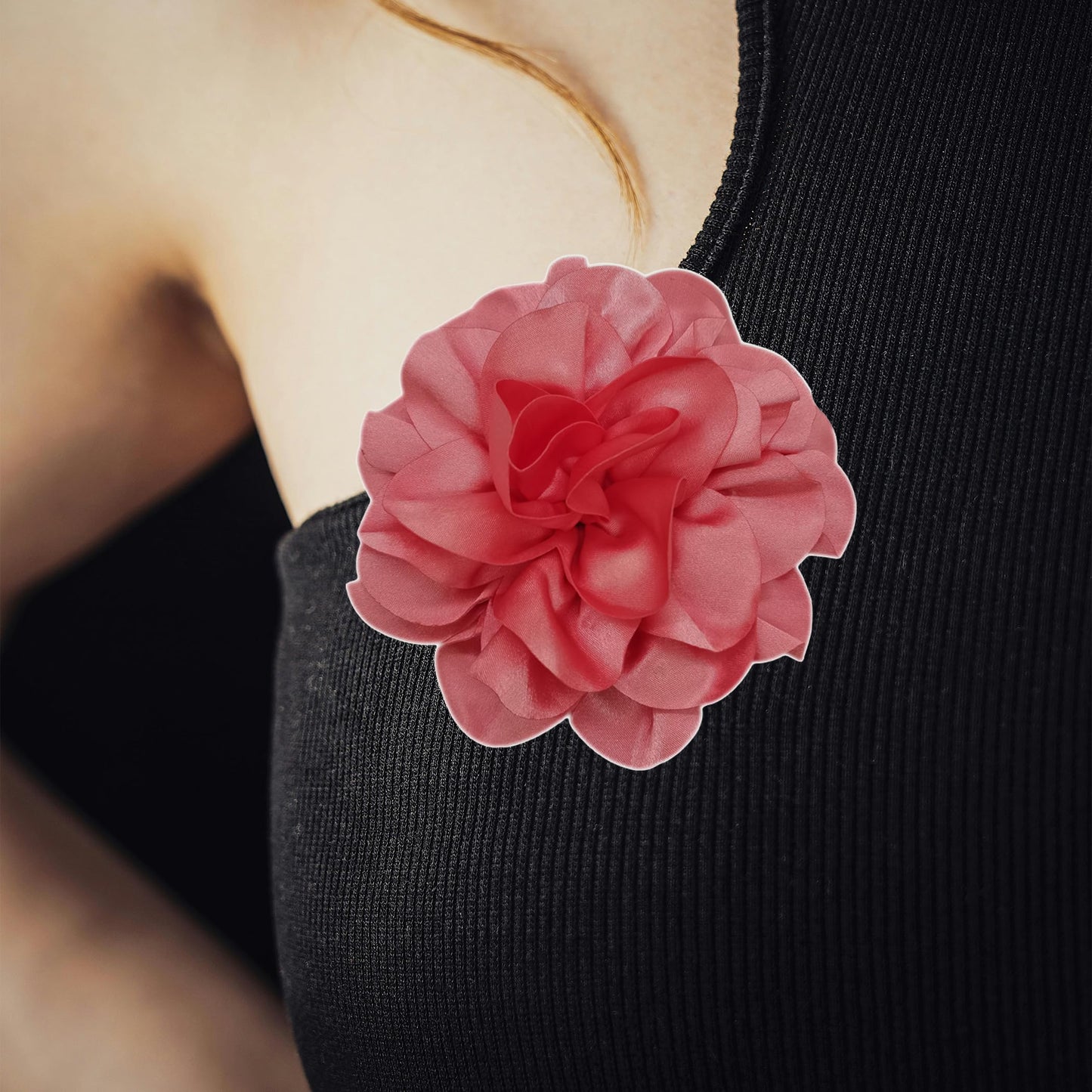 19mm Extra Large Rose Flower Brooches Lapel Pins Dainty Satin Fabric Brooches Big Camellia Flower Brooch Pin for Women Wedding Part Dance Clothes Accessories Jewelry (watermelon red)