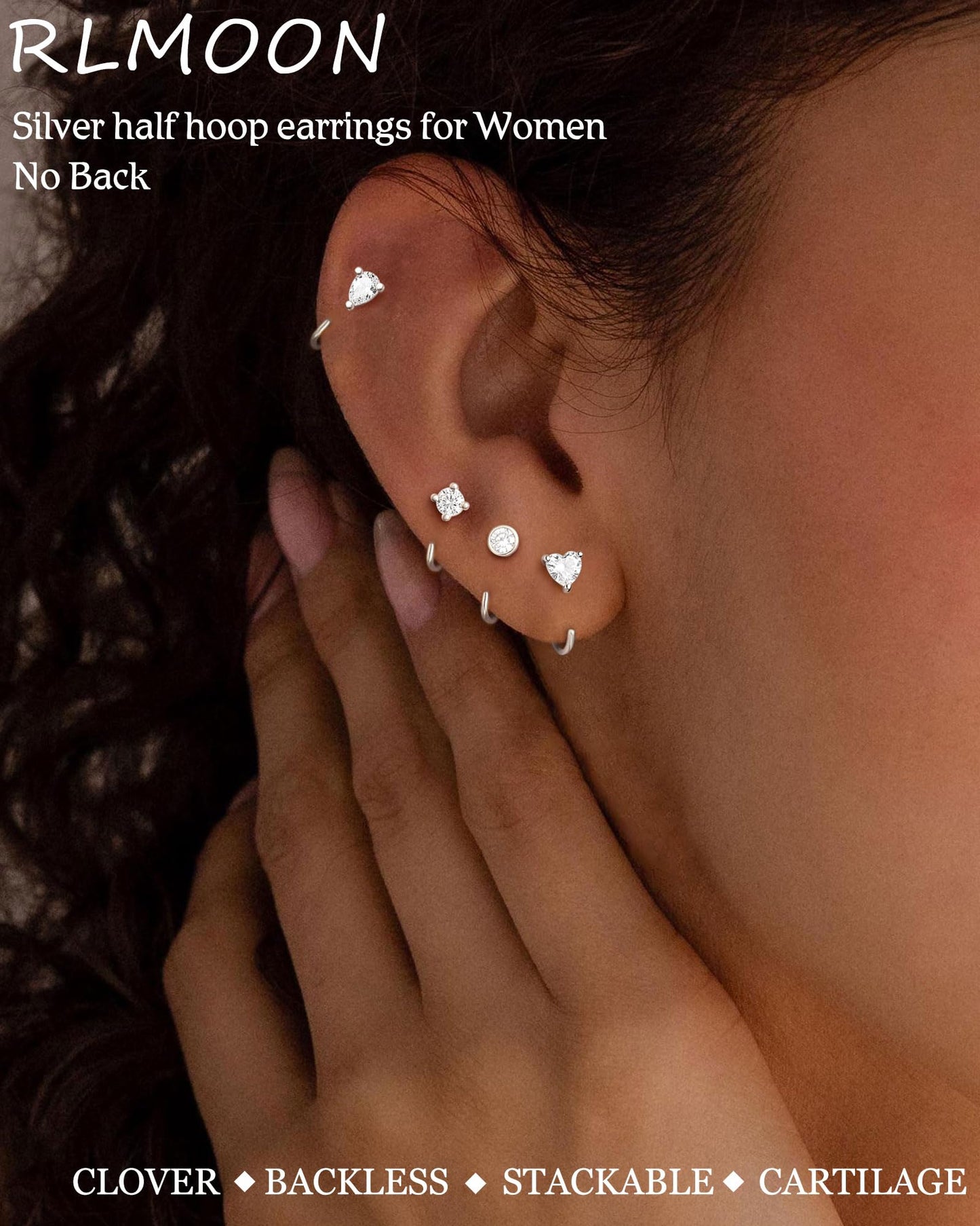 RLMOON Backless Earrings Silver Huggie Half Hoop Earrings for Women 14K Gold Plated Stay Close Hoop Earrings No Back Comfort Fit Hypoallergenic Stackable Earrings to Sleep in