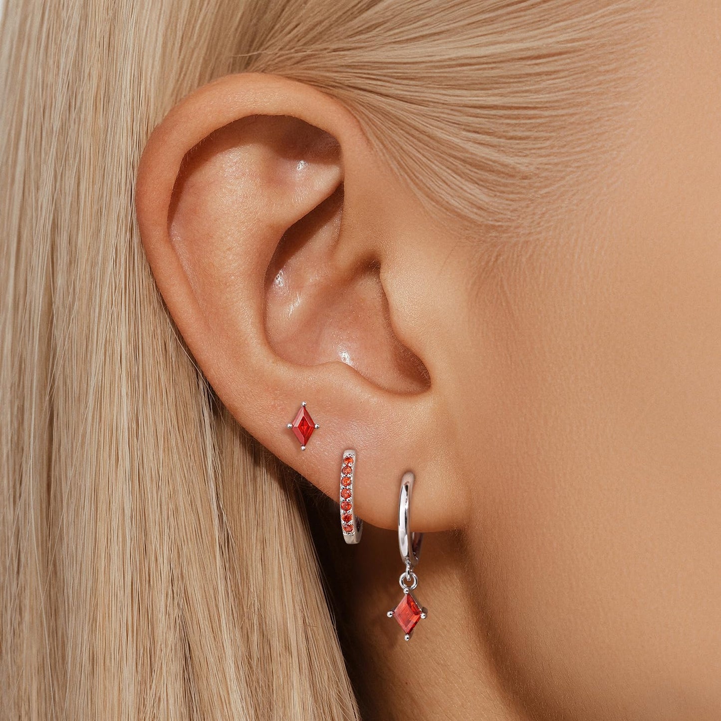 3 Pairs Sterling Silver Hoop Earrings Set for Women, Hypoallergenic Silver Red Earrings for Multiple Piercing, Dainty Huggie Ruby Earring Cartilage Earring Stacks Trendy Red Jewelry Gifts