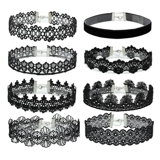 Eigso 8Pcs Gothic Tattoo Lace Choker Necklaces Set for Women Adjustable Black Collar Choker